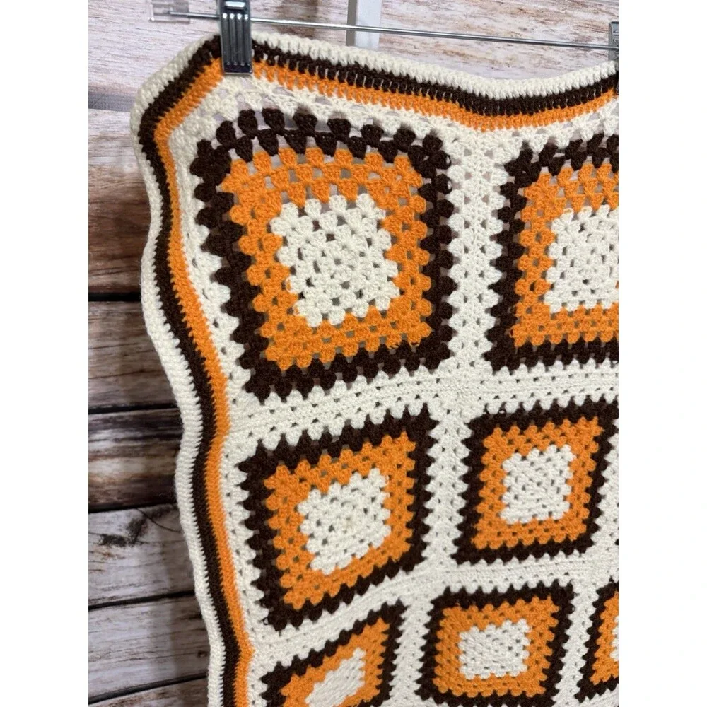 Granny Square Crocheted Afghan Blanket MCM Orange Cream Brown 31.5x57.5